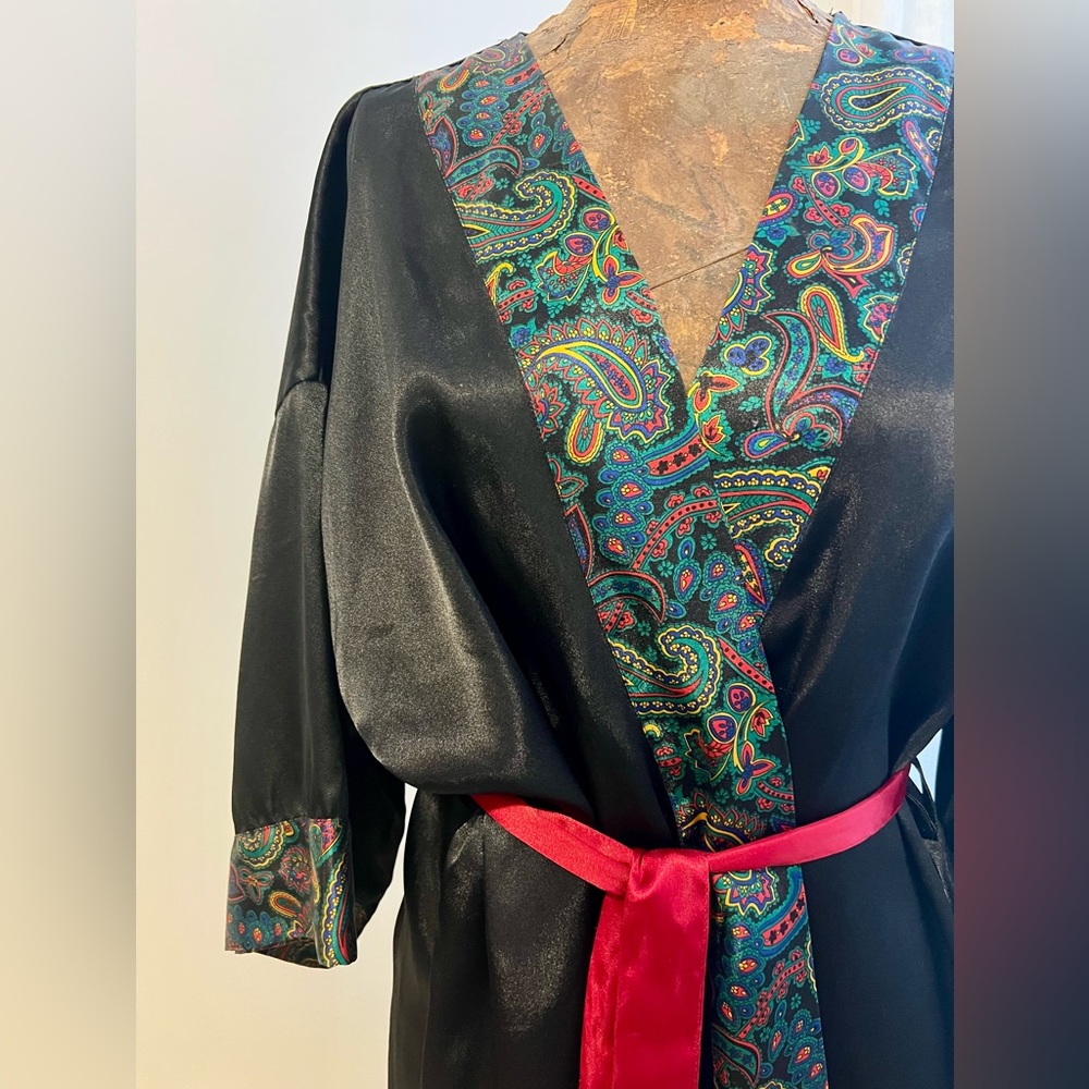 VINTAGE 90s Black Satin Lingerie Short Robe w/ Paisley Print Trim and Red Tie